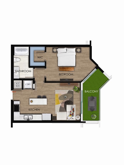 Floor plan for 1 bed, 1 bath, 669 sqft